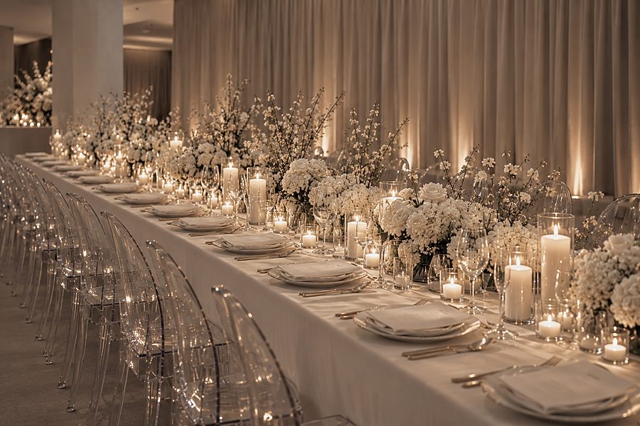 Mood image: a long dinner table with white flowers, candles and clear chairs