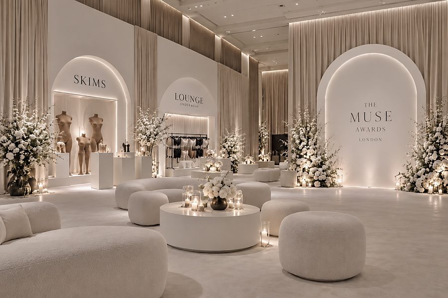 Mood image: a lounge with rounded cream sofas, stone side tables and candles